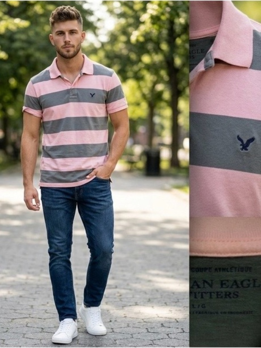 American Eagle Outfitters Men’s Pink & Gray Striped Polo Shirt Large